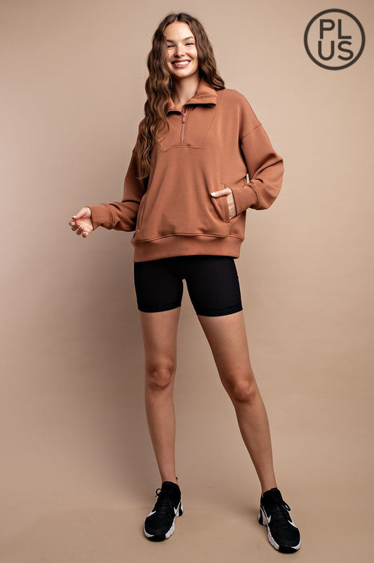 Curvy Modal Poly Span Quarter Zip Pullover Camel