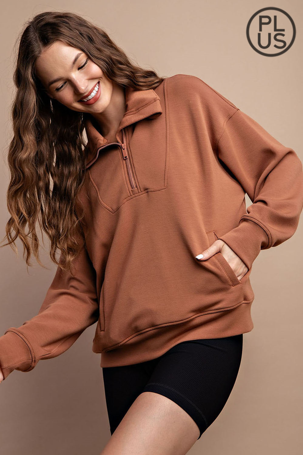 Curvy Modal Poly Span Quarter Zip Pullover Camel