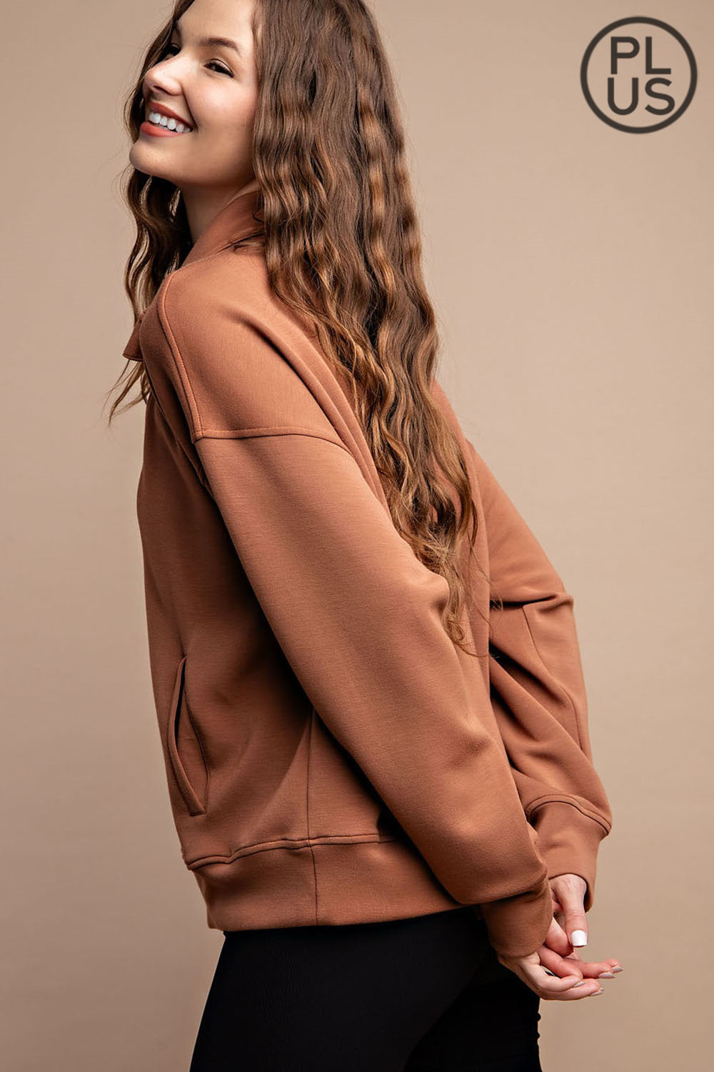 Curvy Modal Poly Span Quarter Zip Pullover Camel