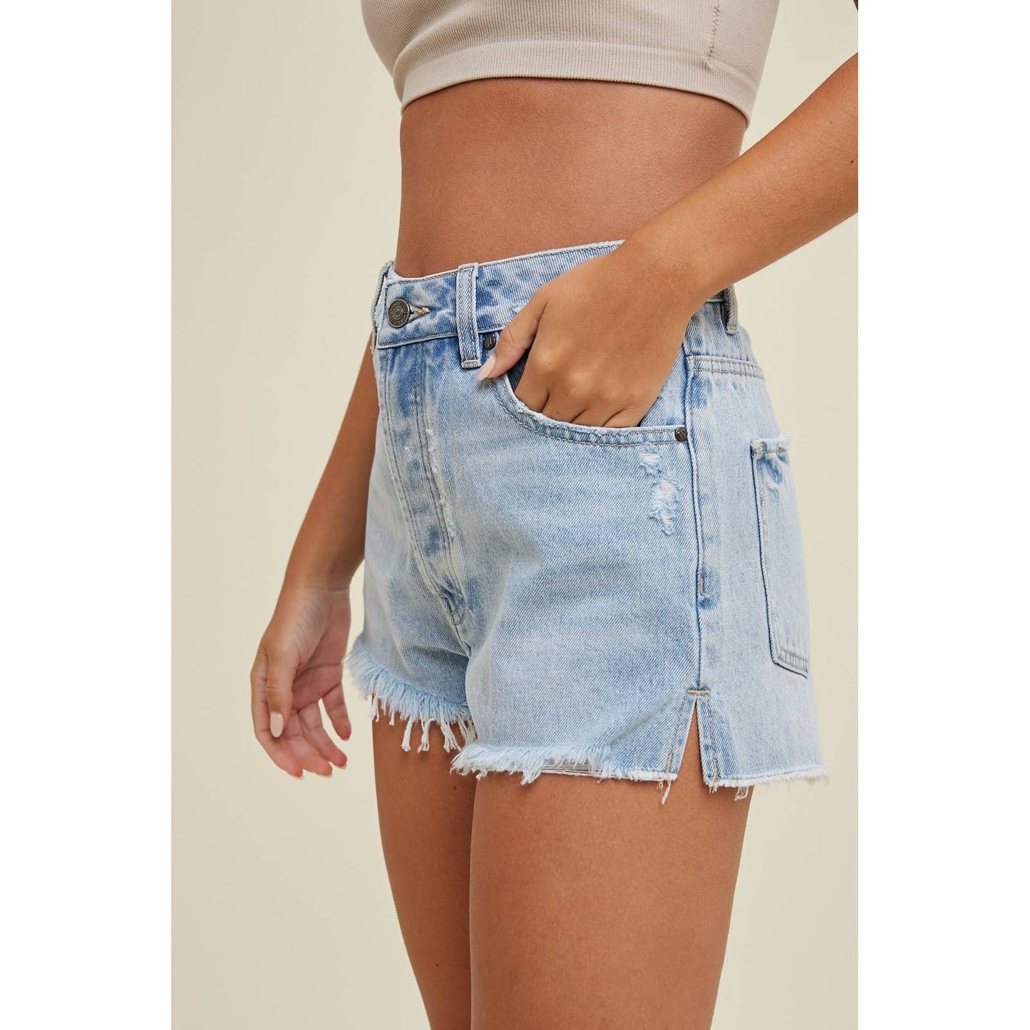 Cotton Denim Shorts with Distressed Detail