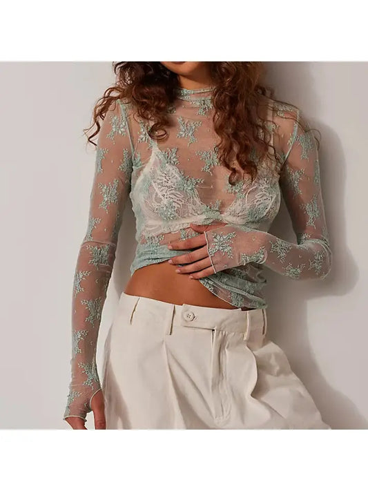 Mint Lux Layering Floral Lace See Through Mesh Top Blouse