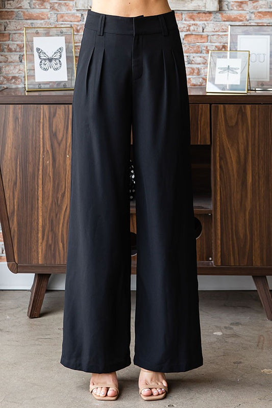 Solid Color Zipper Front Straight Leg Wide Pants