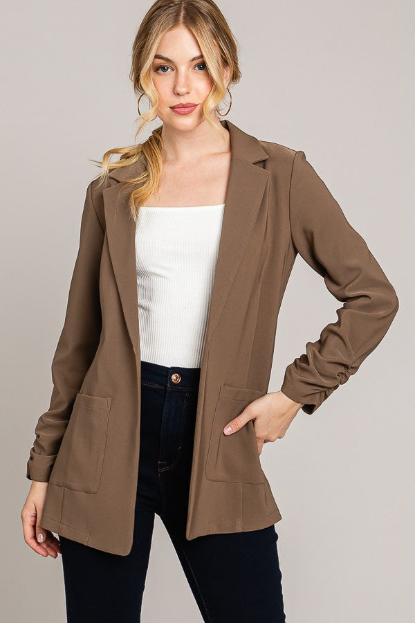 Twill Patch Pocket Ruched Sleeve Blazer