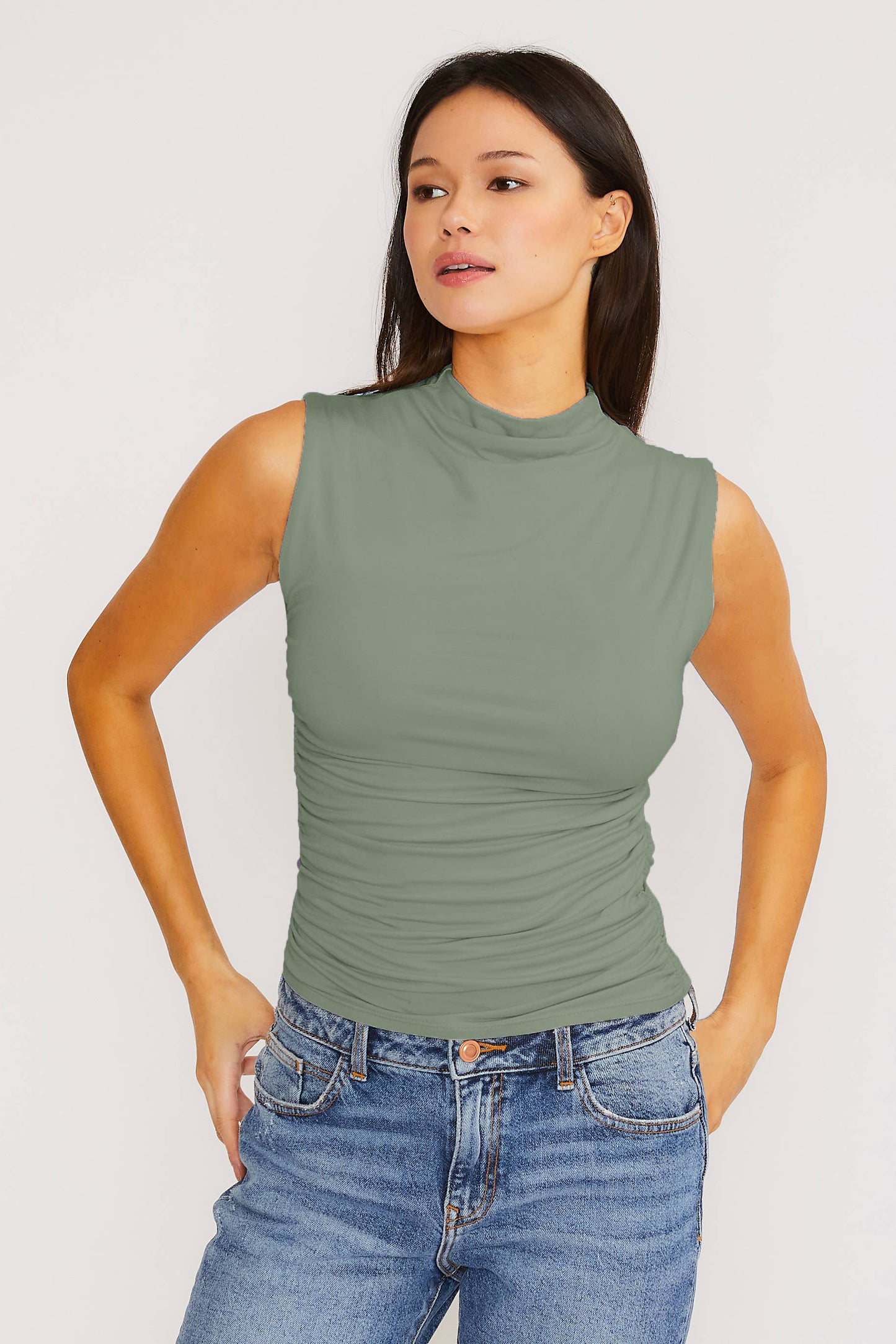 Double Layer Ruched Mock Neck Top