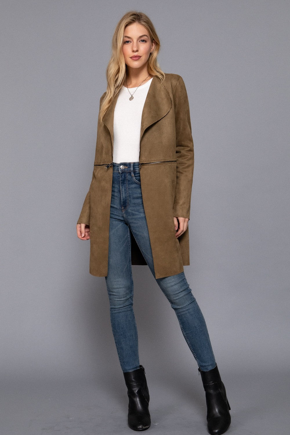 Olive Long Sleeve Faux Suede Long Jacket