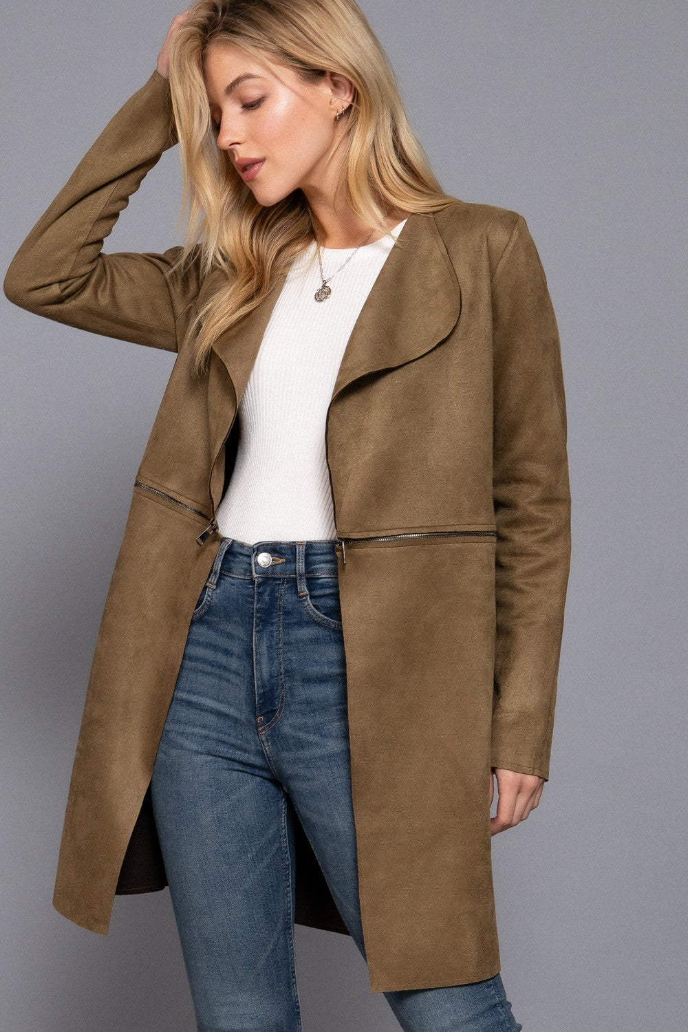 Olive Long Sleeve Faux Suede Long Jacket