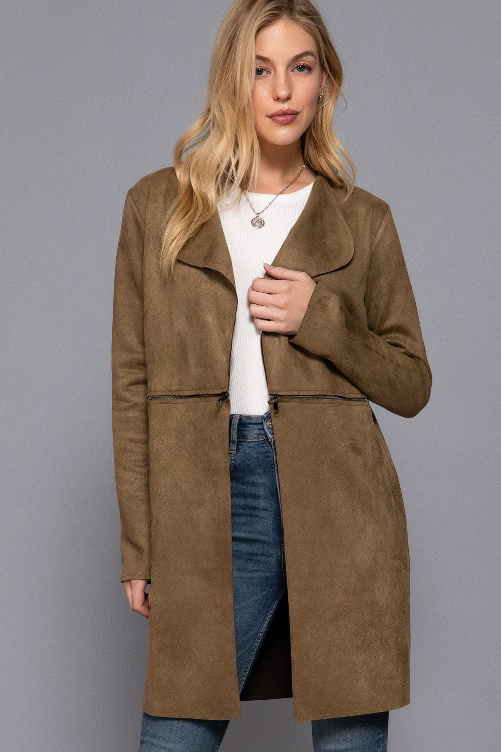 Olive Long Sleeve Faux Suede Long Jacket