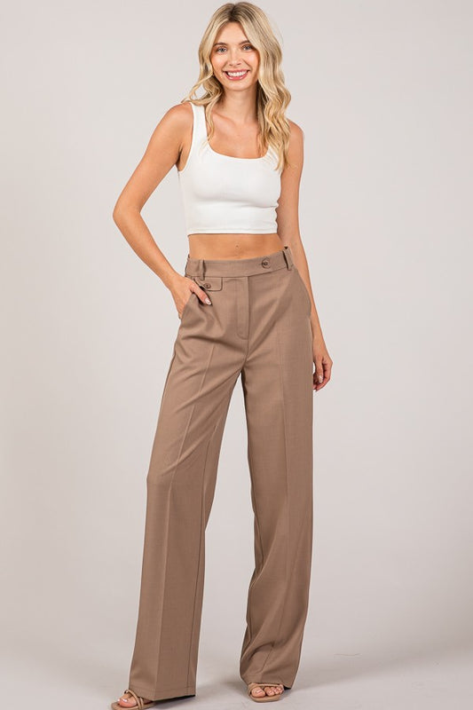 Twill Button Tab Wide Leg Full Trousers