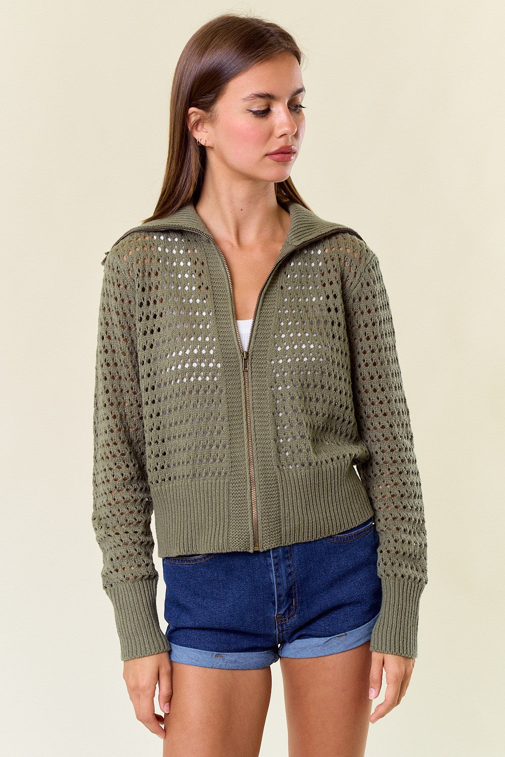 Zip-up Pointelle Open Knit Sweater Jacket