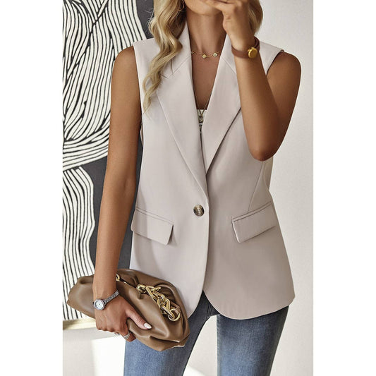 Sleeveless Solid Pockerts Button Front Open Suit