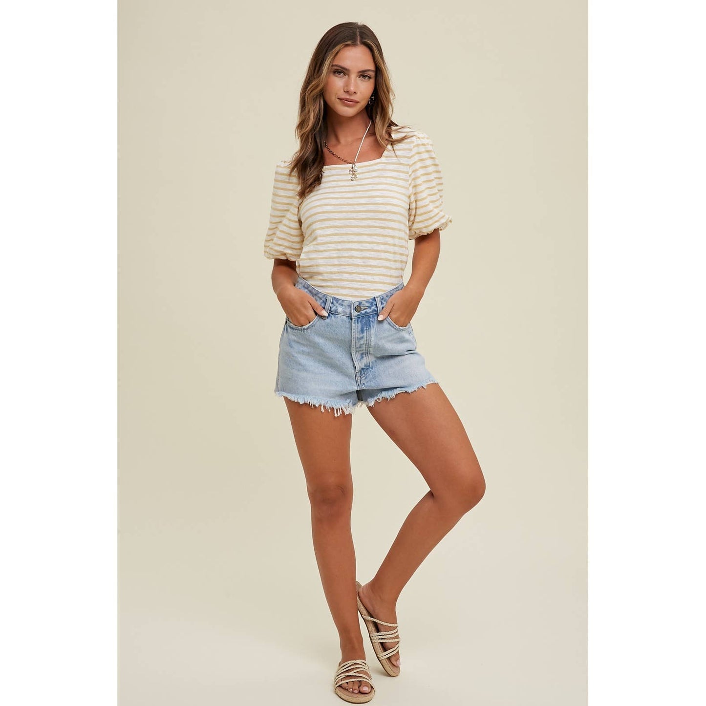 Cotton Denim Shorts with Distressed Detail