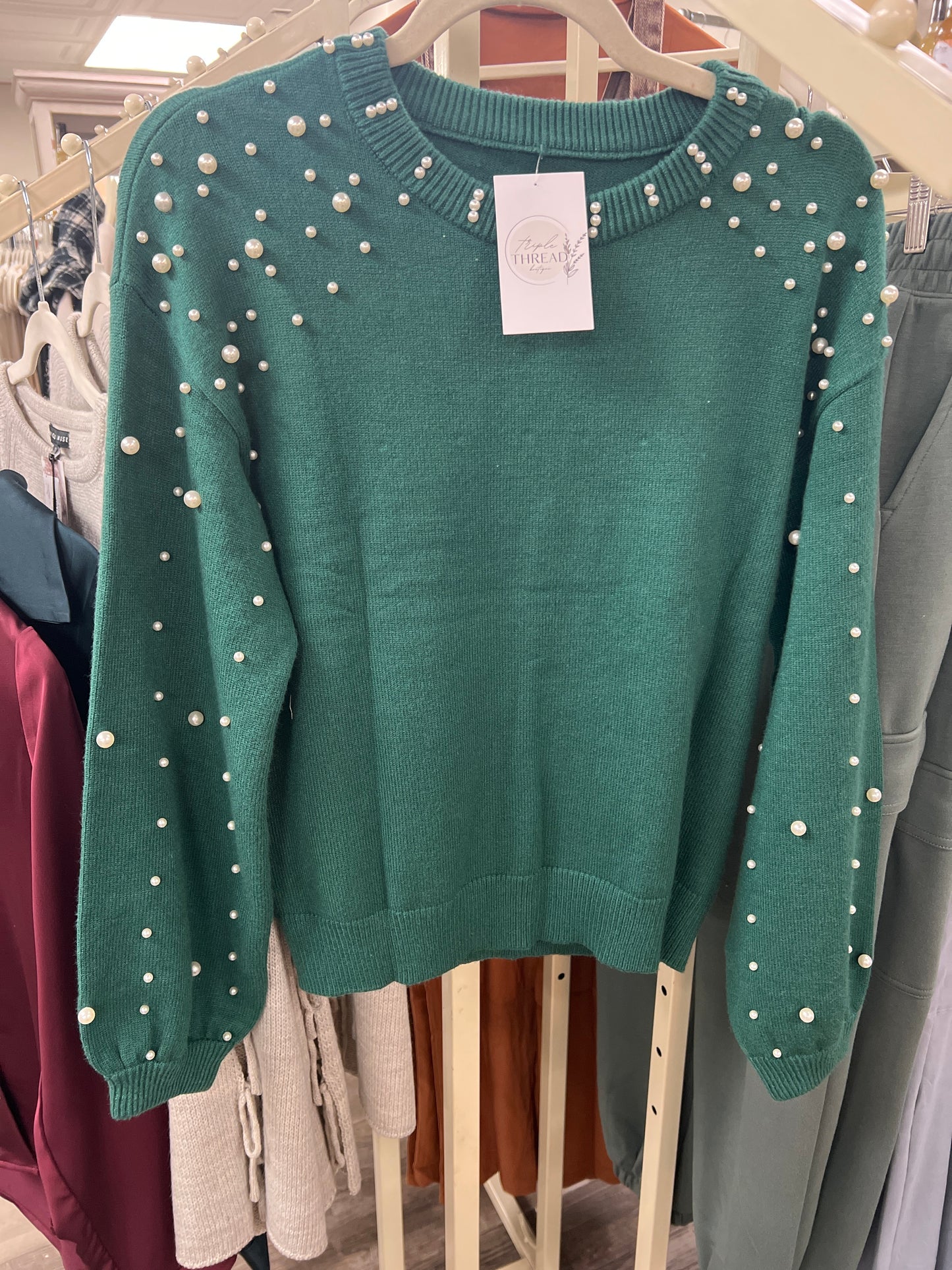 Long Sleeve Round Neck Pearl Pullover Sweater