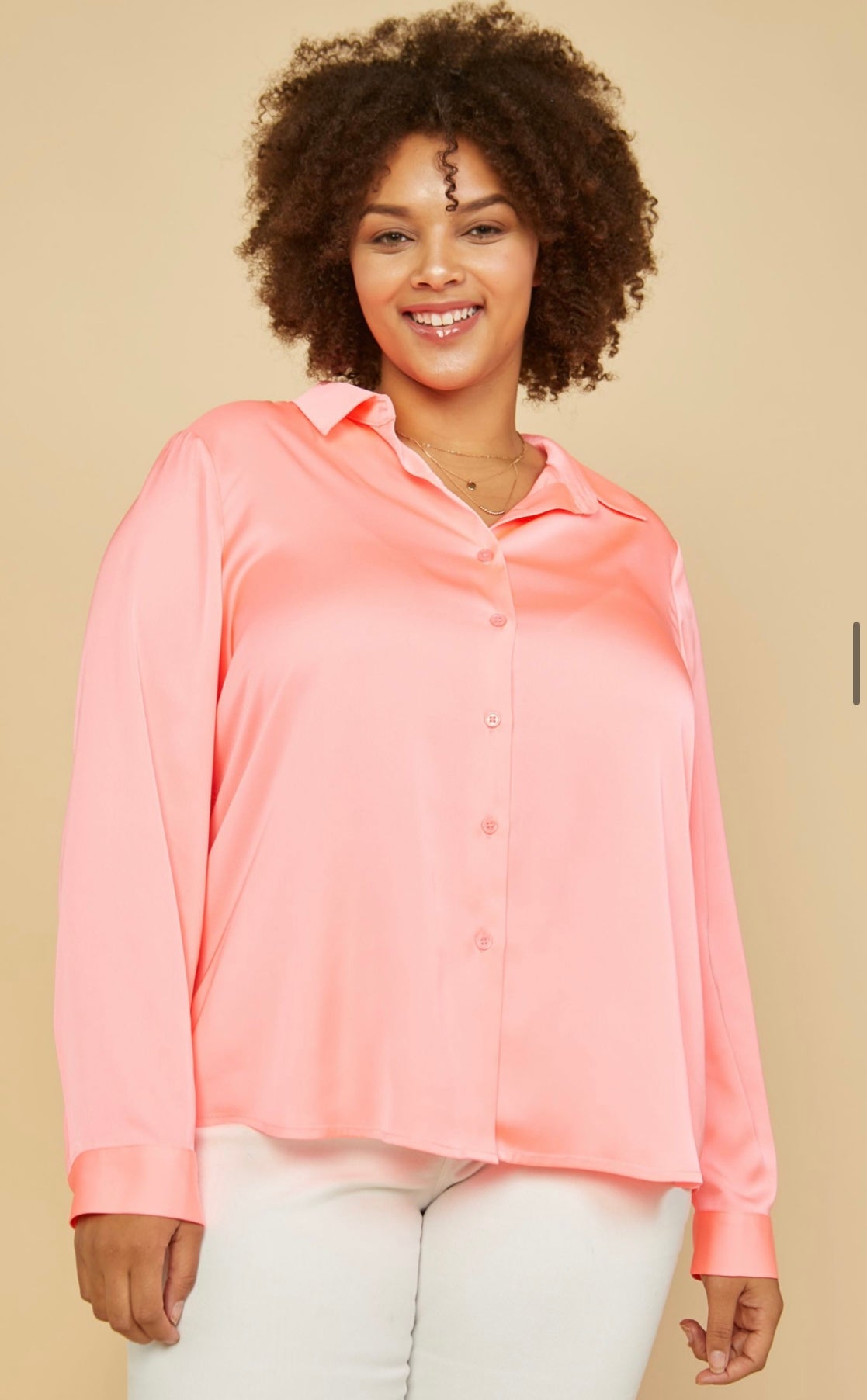 Plus Size Classic Silk Button Down Bright Coral