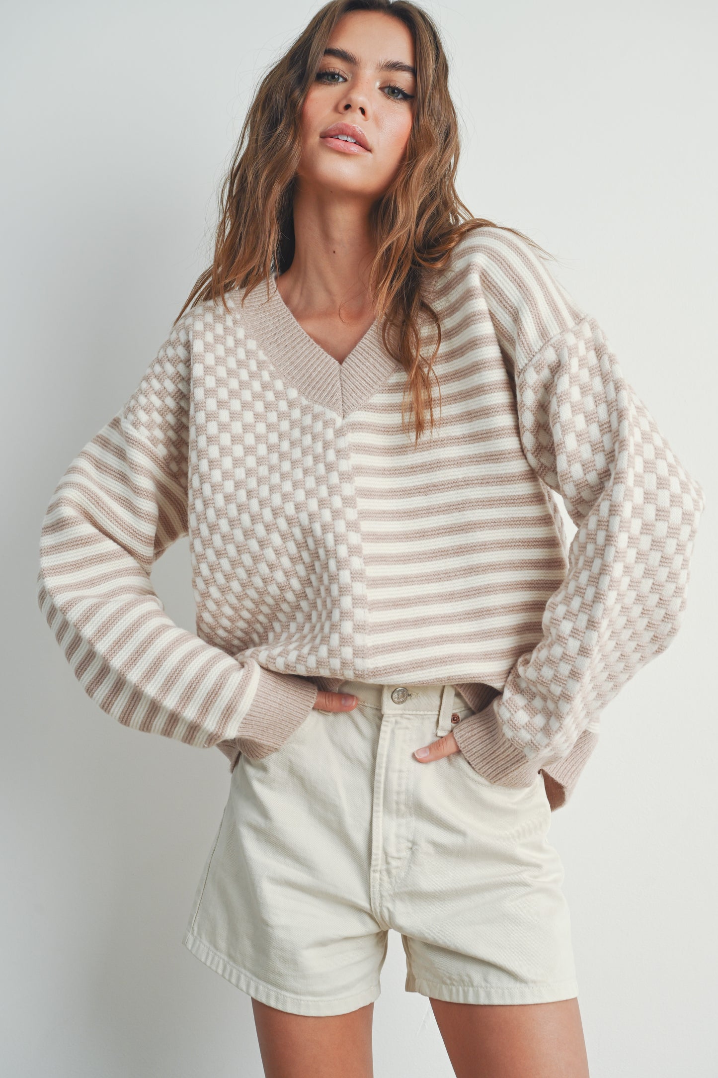 Frenchy Checker Pattern Drop Shoulder Sweater