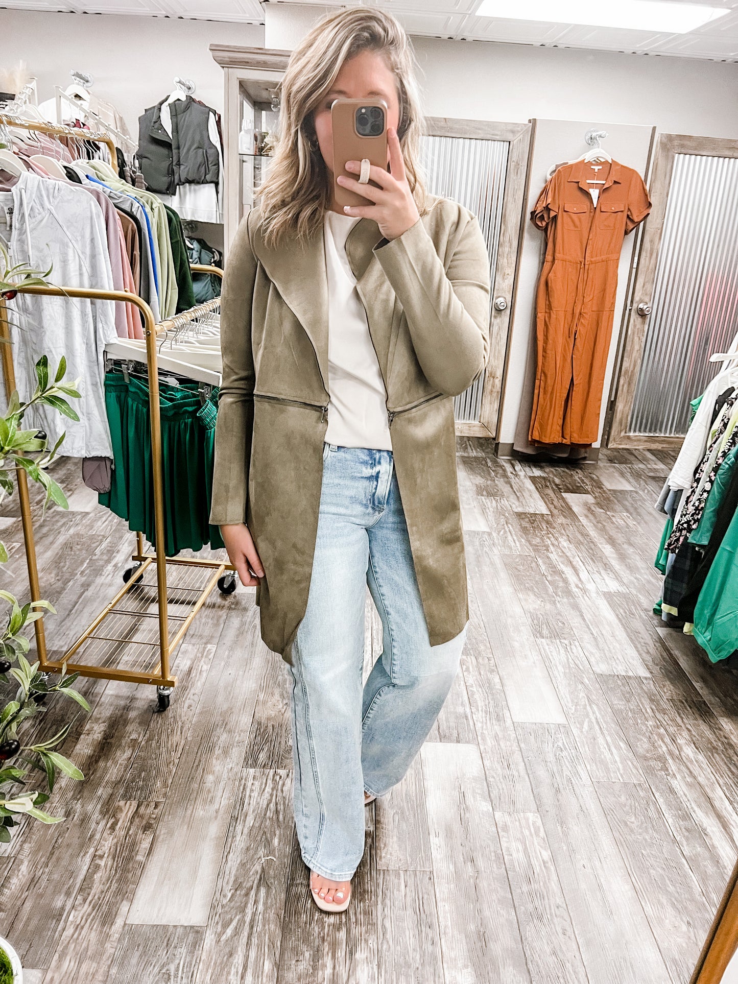 Olive Long Sleeve Faux Suede Long Jacket