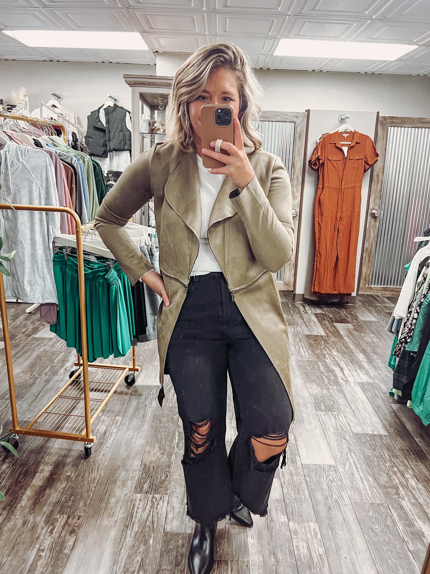 Olive Long Sleeve Faux Suede Long Jacket