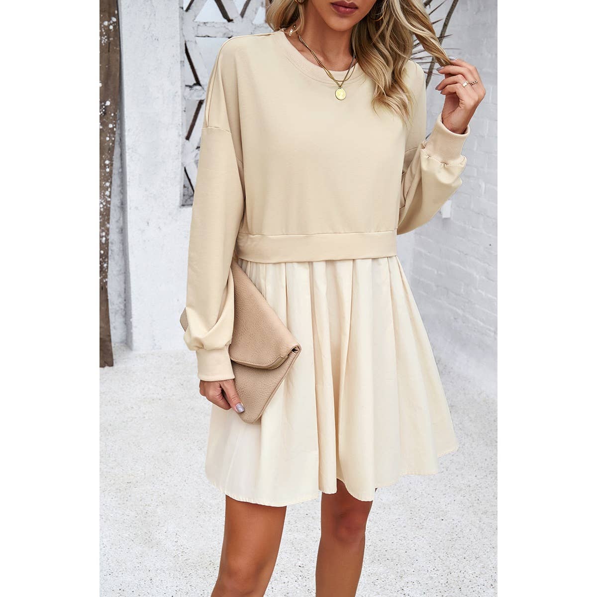 Solid Drop Shoulder Ruched Fit Patchwork Dress