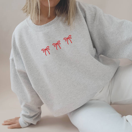 Embroidered Christmas Sweatshirt Holiday Crewneck Three Bow