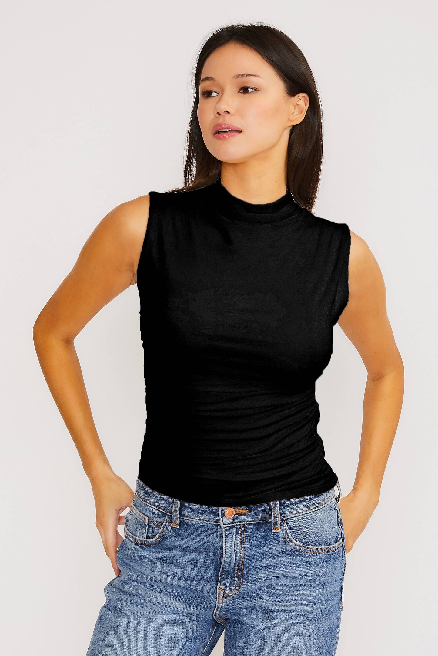 Double Layer Ruched Mock Neck Top