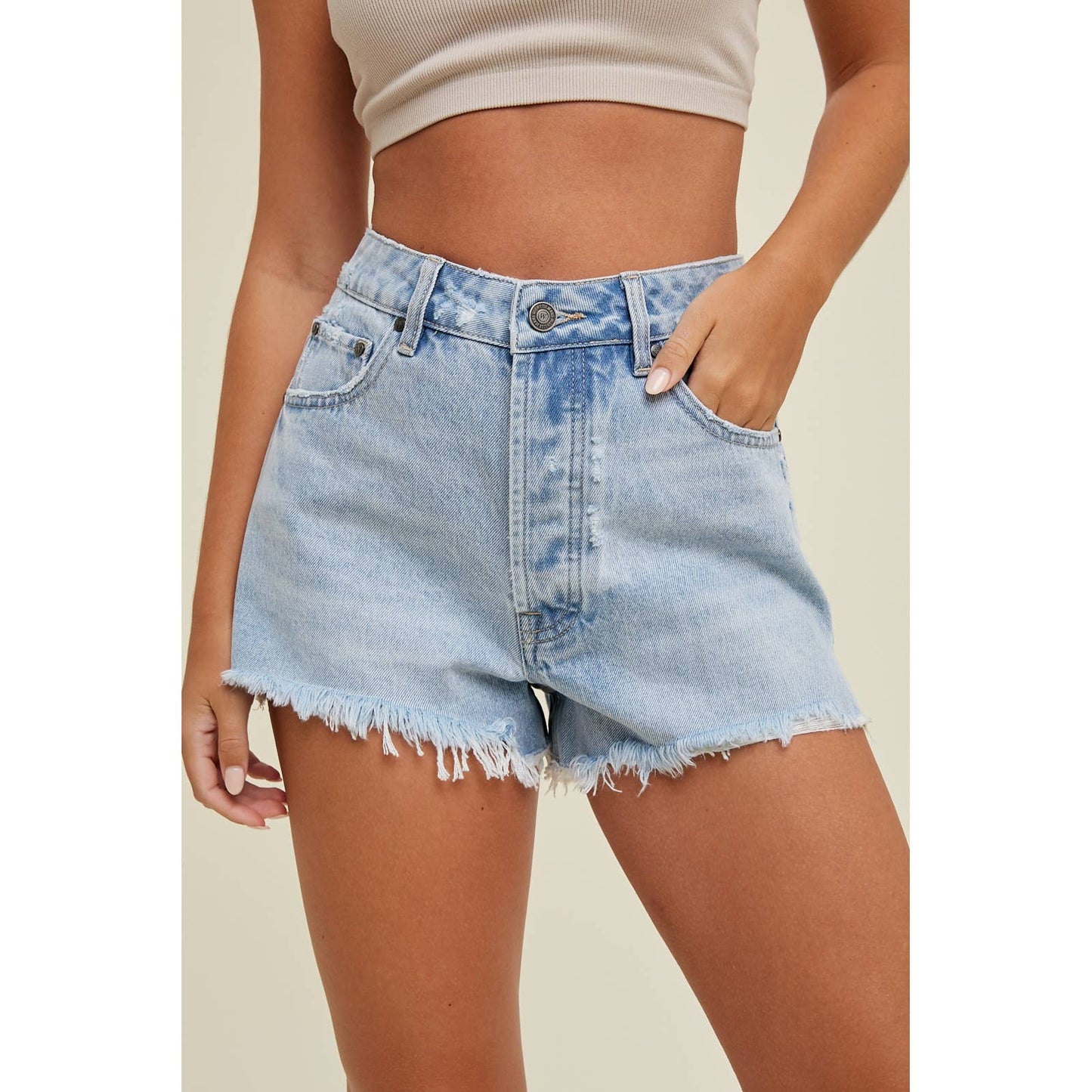 Cotton Denim Shorts with Distressed Detail