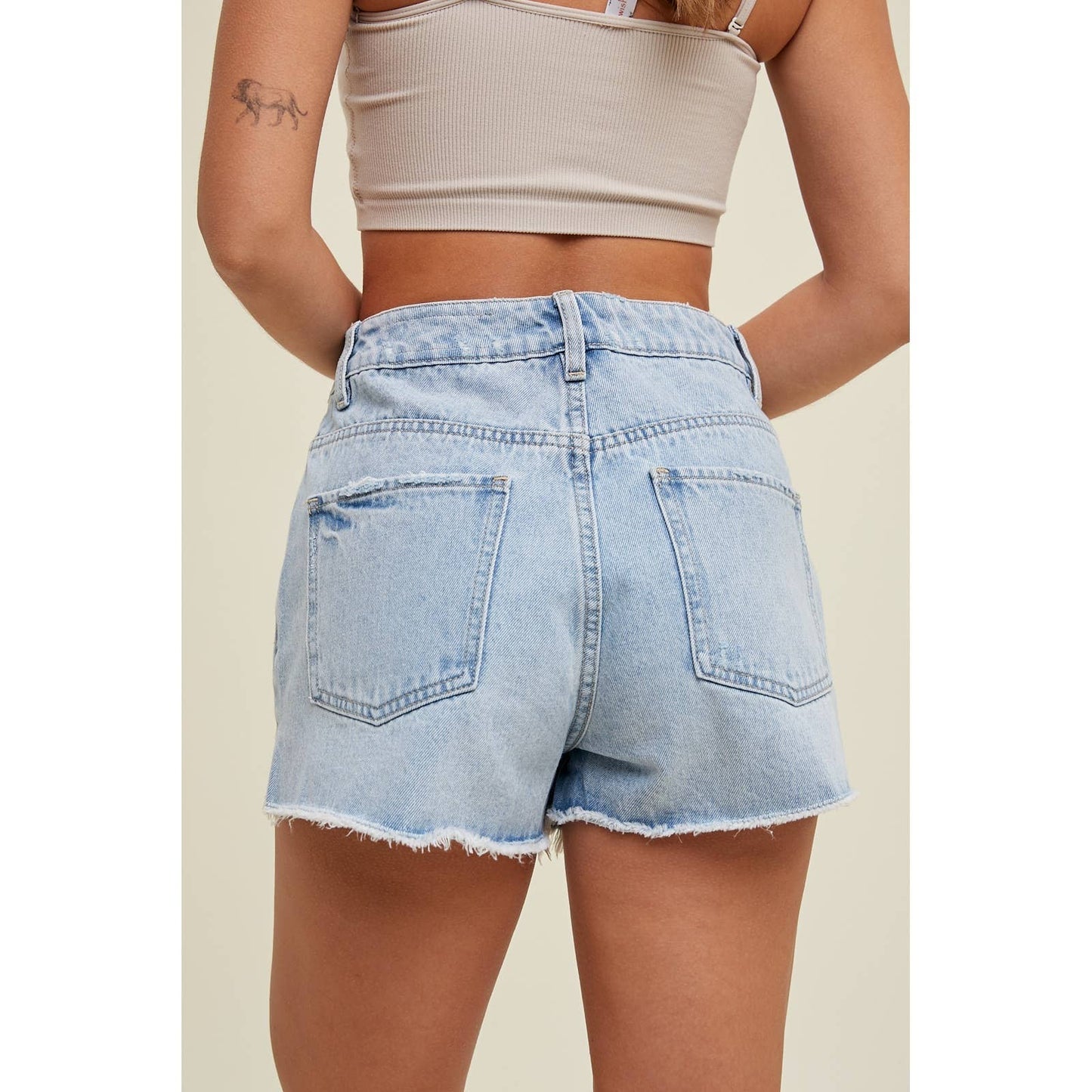 Cotton Denim Shorts with Distressed Detail